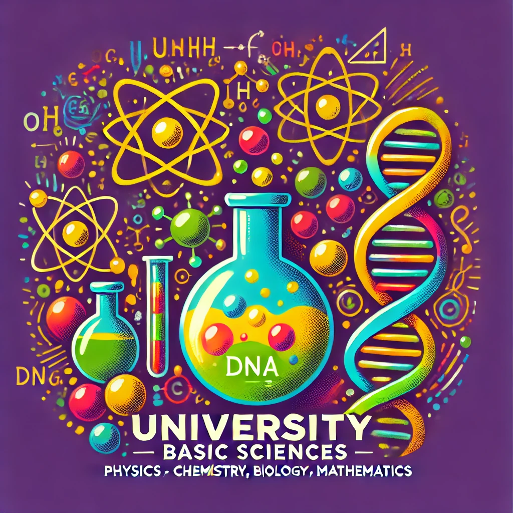 DALL·E 2024-12-17 16.39.20 - A bright and engaging illustration symbolizing university basic sciences (physics, chemistry, biology, mathematics). The design features vibrant color